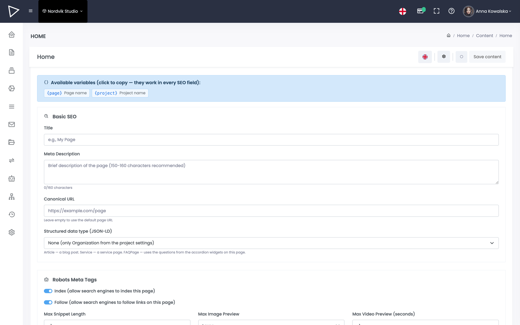 AI content generation in the LessCMS panel
