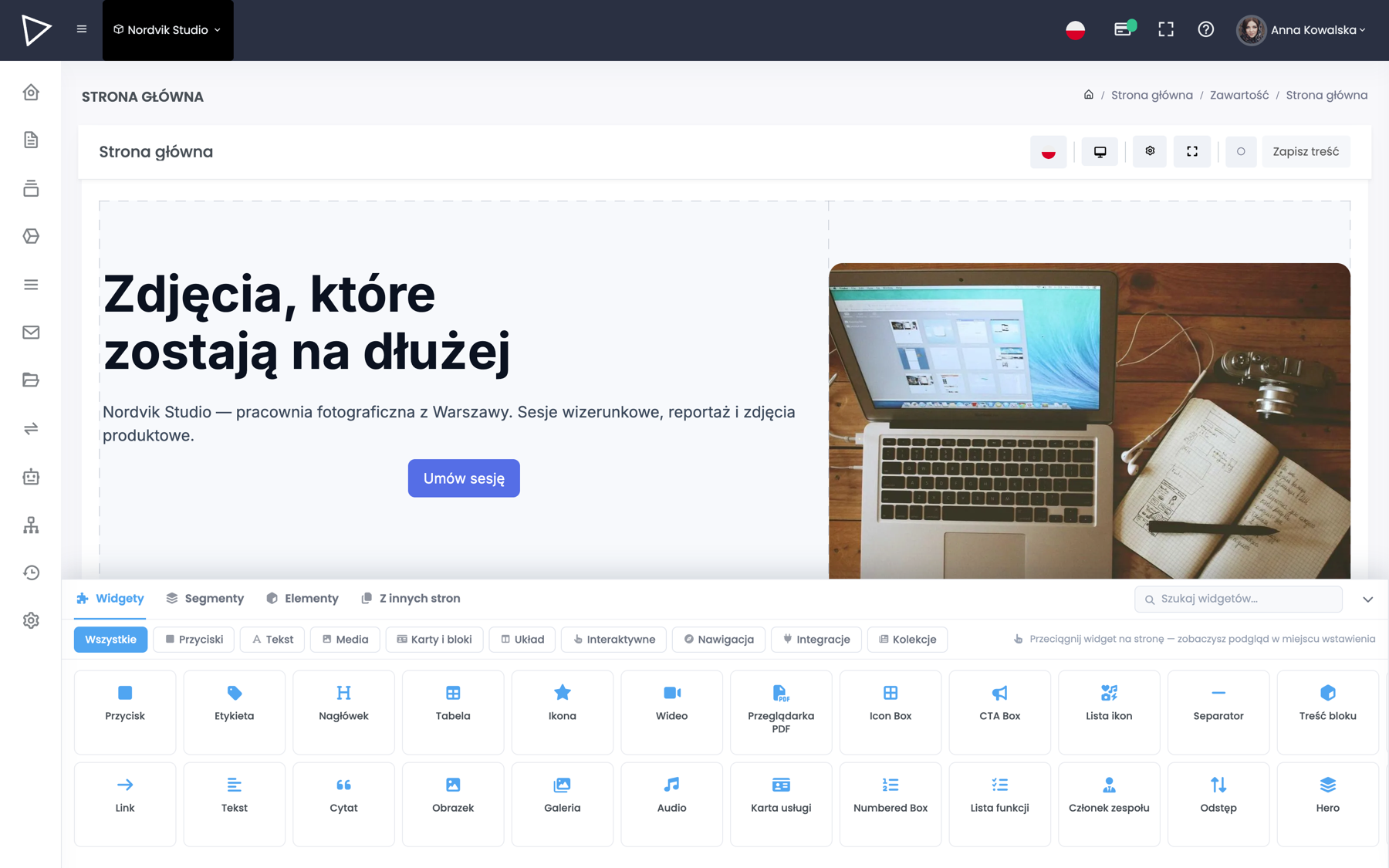 Edytor stron w panelu LessCMS