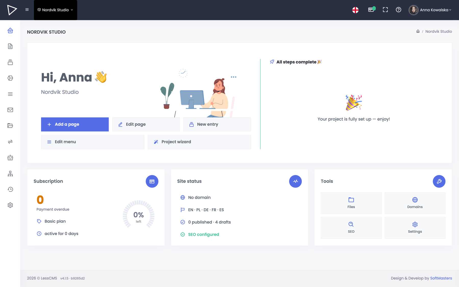 A project dashboard in the LessCMS panel