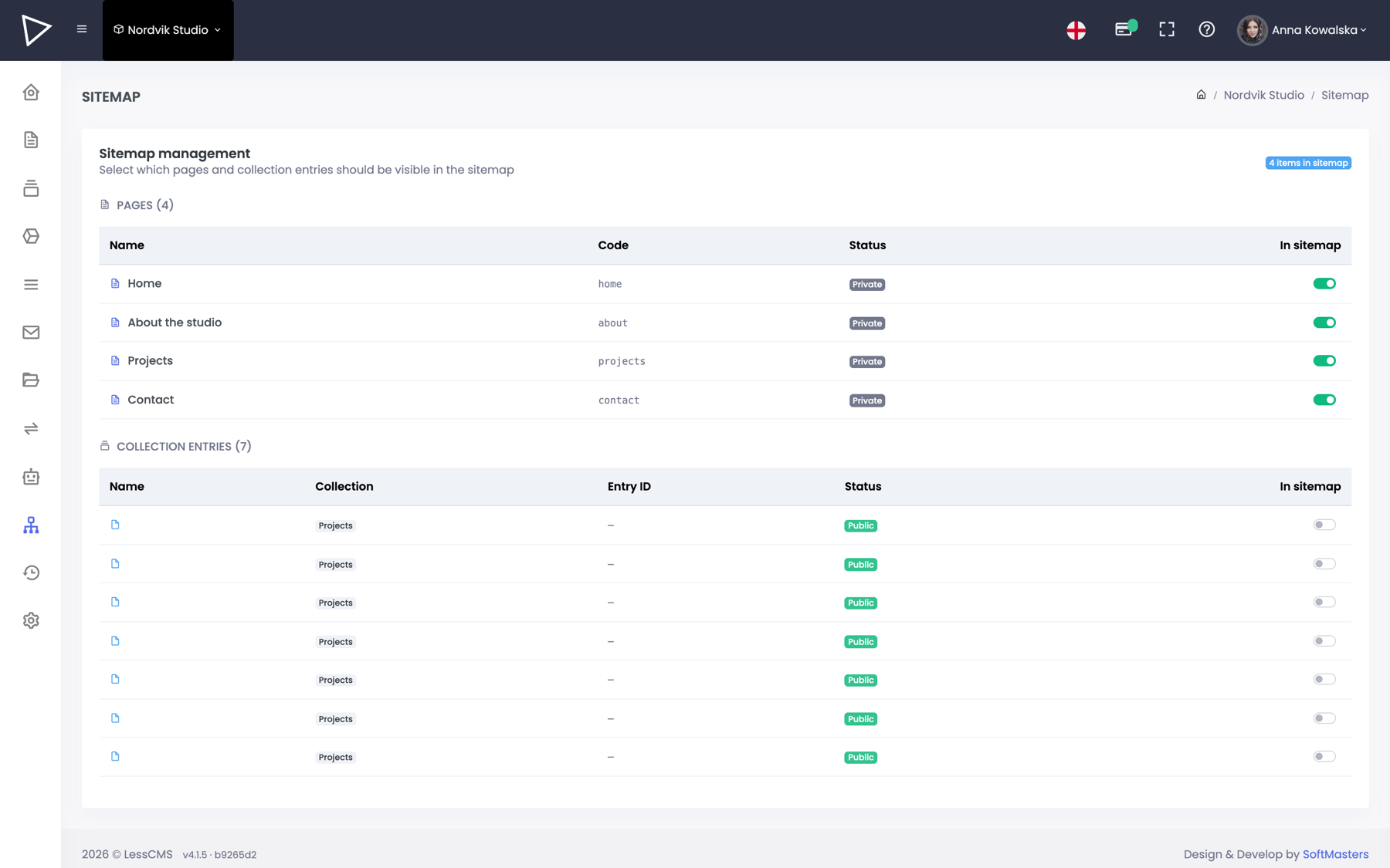 The sitemap in the LessCMS panel